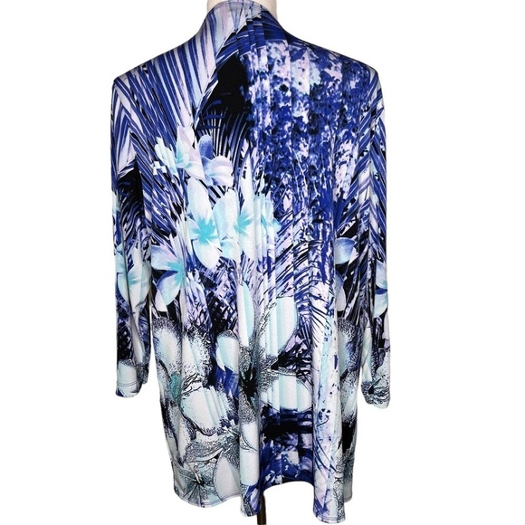 Chicos Easy Wear Open Front Cardigan Size L Packable Blue Black Tropical Print - Picture 3 of 10